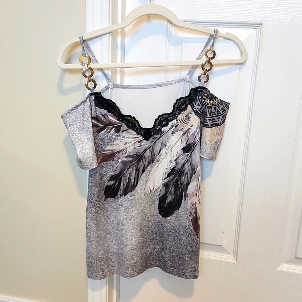 Shein Feather Graphic Off Shoulder Top